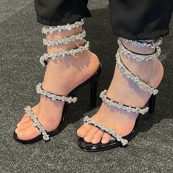 Pazzle Rhinestone Crystal Black/Silver Ankle Wrap High Heel Sandals - Picture 14 of 15